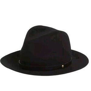 Rag & Bone Clara Fedora Wool felt Hat black leather strap gold button accent